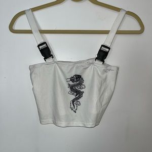 ZAFUL White and Black Embroidered Dragon Tank Top with Buckles